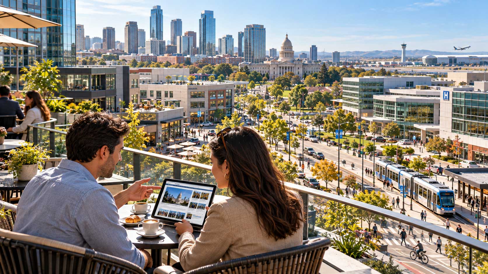 Two readers looking at news on a tablet over a city view