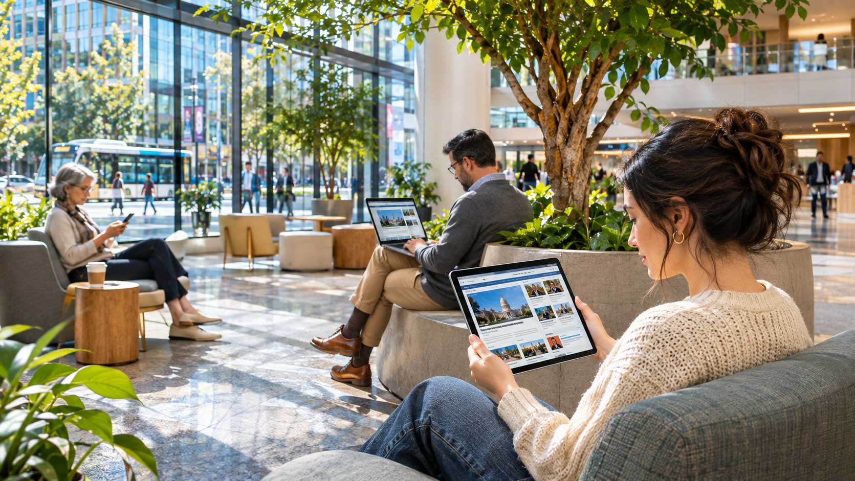 A reader with a tablet in a sunlit city lobby